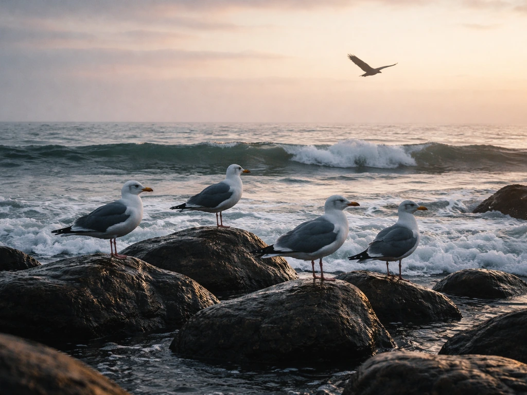 Seagulls on a rocky coast with a dark predator silhouette in the distant sky