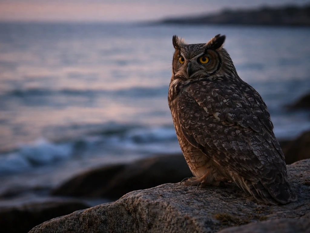 Great Horned Owl perched on a rocky shoreline at dusk, ocean in the background.