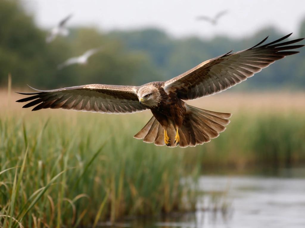 A Western Marsh Harrier hovering low over marsh reeds with gulls flying in the background.