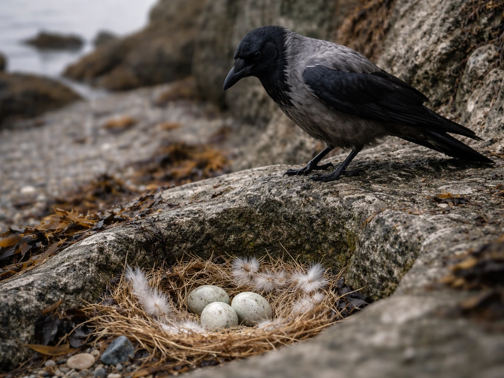 A crow perched beside a seabird nest with eggs and nestlings on a rocky cliff ledge