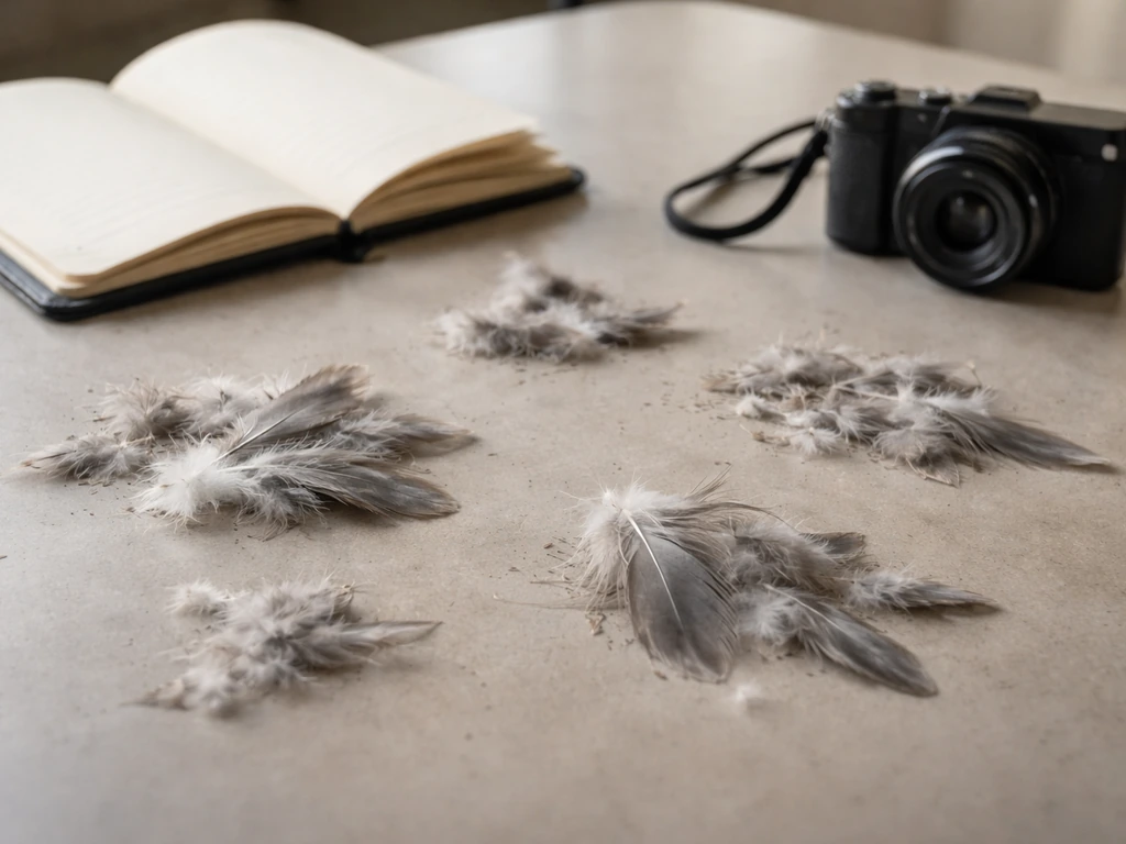 Close-up evidence table with scattered feathers, open notebook, and camera documenting a found dead seagull