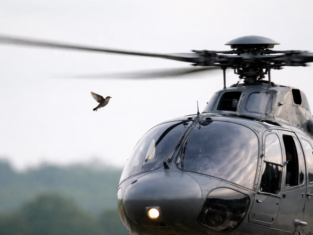 Helicopter rotor with a small bird flying close by, suggesting a bird-strike risk at low altitude.