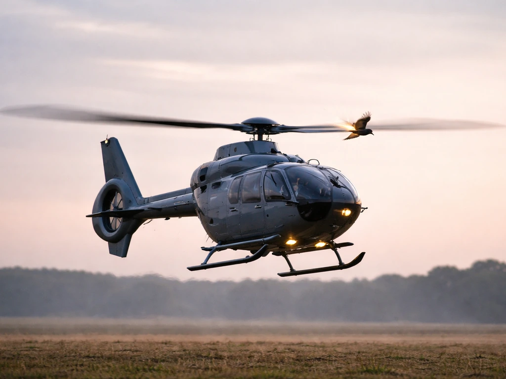 A hovering modern helicopter with one bird striking near the spinning rotor, stable and non-crashing.
