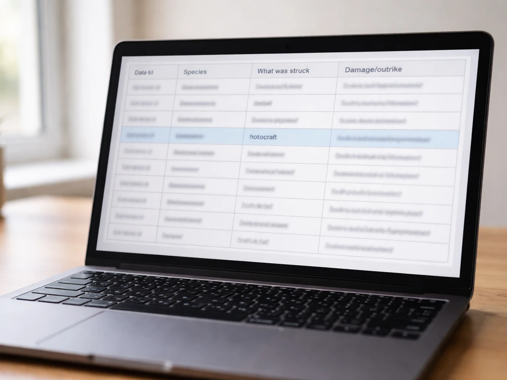 Close-up of a laptop screen showing an illustrative wildlife strike database entry with rotorcraft details