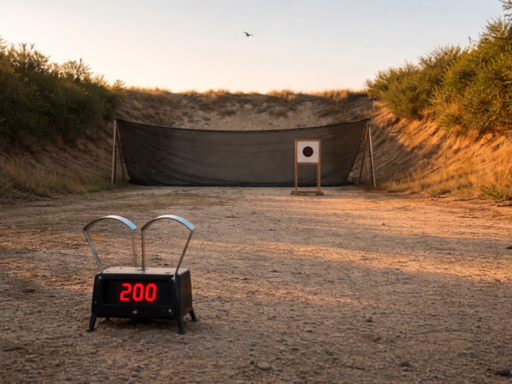 A bird in flight near a distant target range setup with a backstop and a speed marker, illustrating real-world impact ri