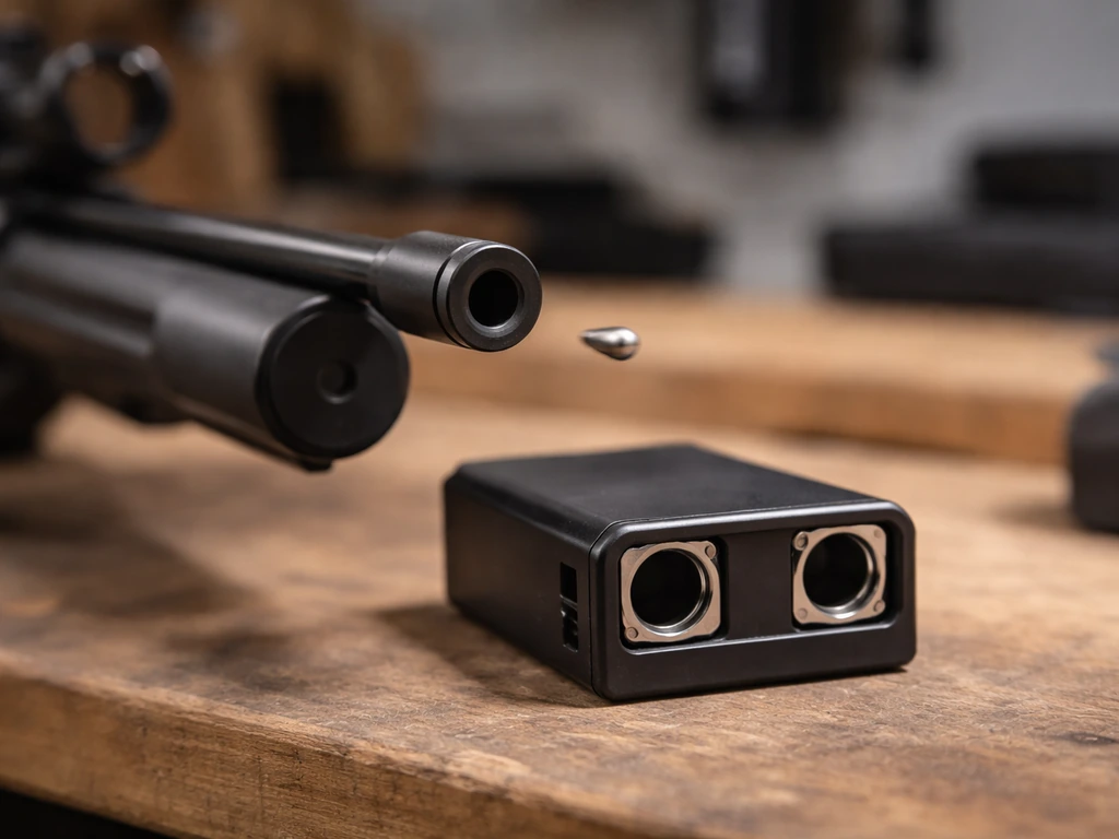 Close-up of an airgun muzzle aligned with a small chronograph sensor measuring projectile speed