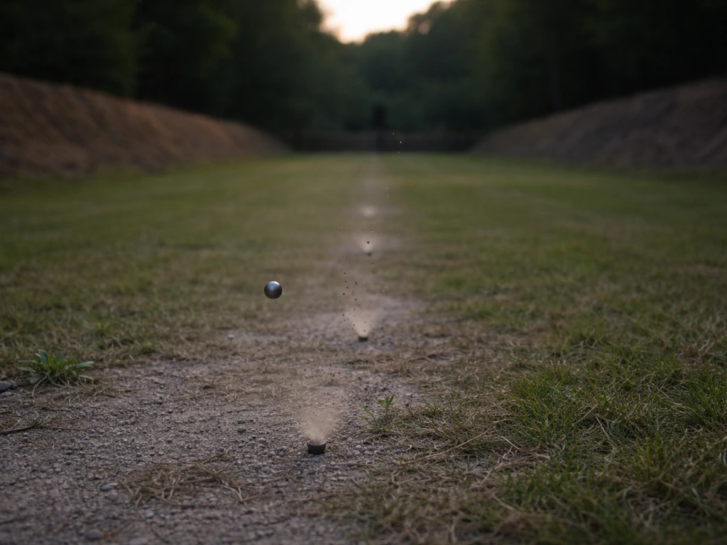 Distant bird silhouette over a grass lane with subtle downrange impact points showing diminishing projectile energy.