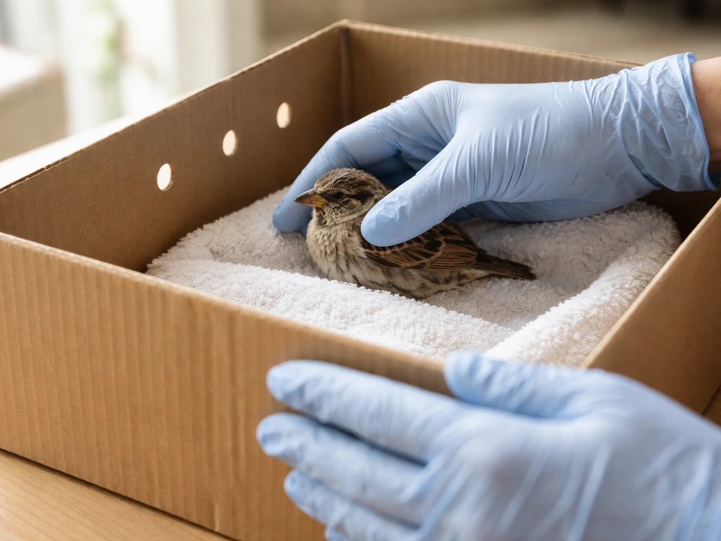 Gloved hands gently place a small injured bird into a ventilated, towel-lined cardboard box.