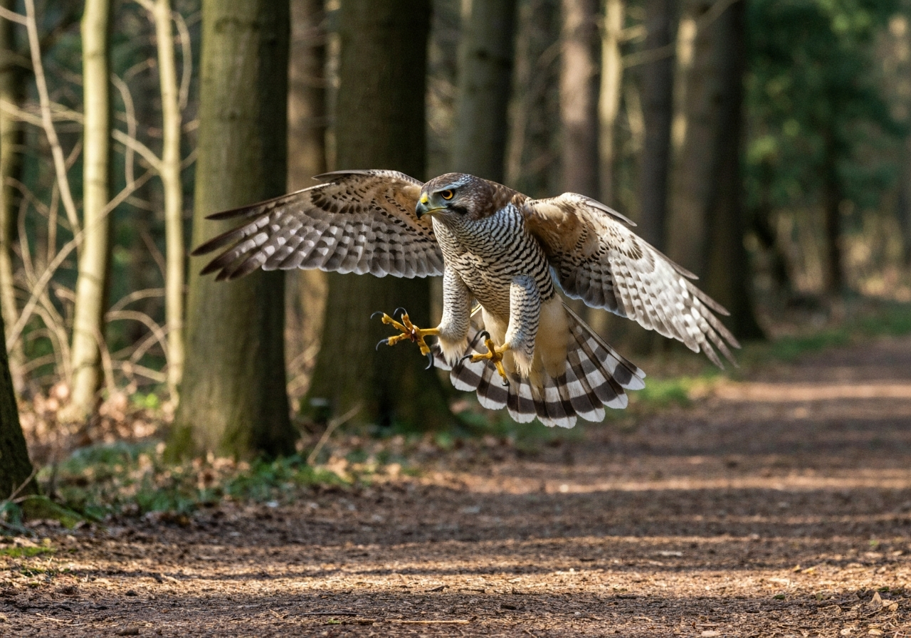 Northern goshawk in a diving swoop over a forest path
