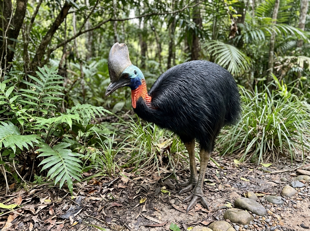 Cassowary standing in habitat with forward-leaning protective posture