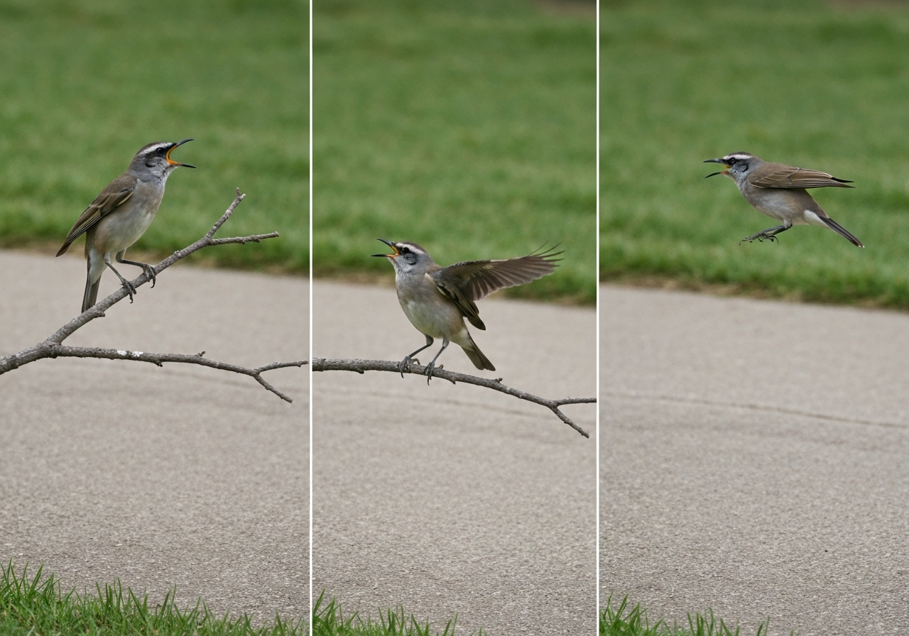 Series of a bird warning, flyby, then close approach near a path