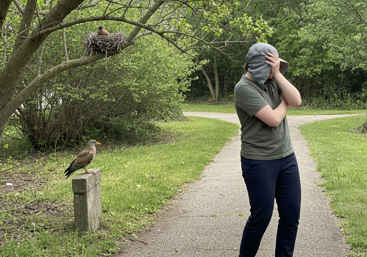 Person slowly backing away while protecting head from a nest-protective bird
