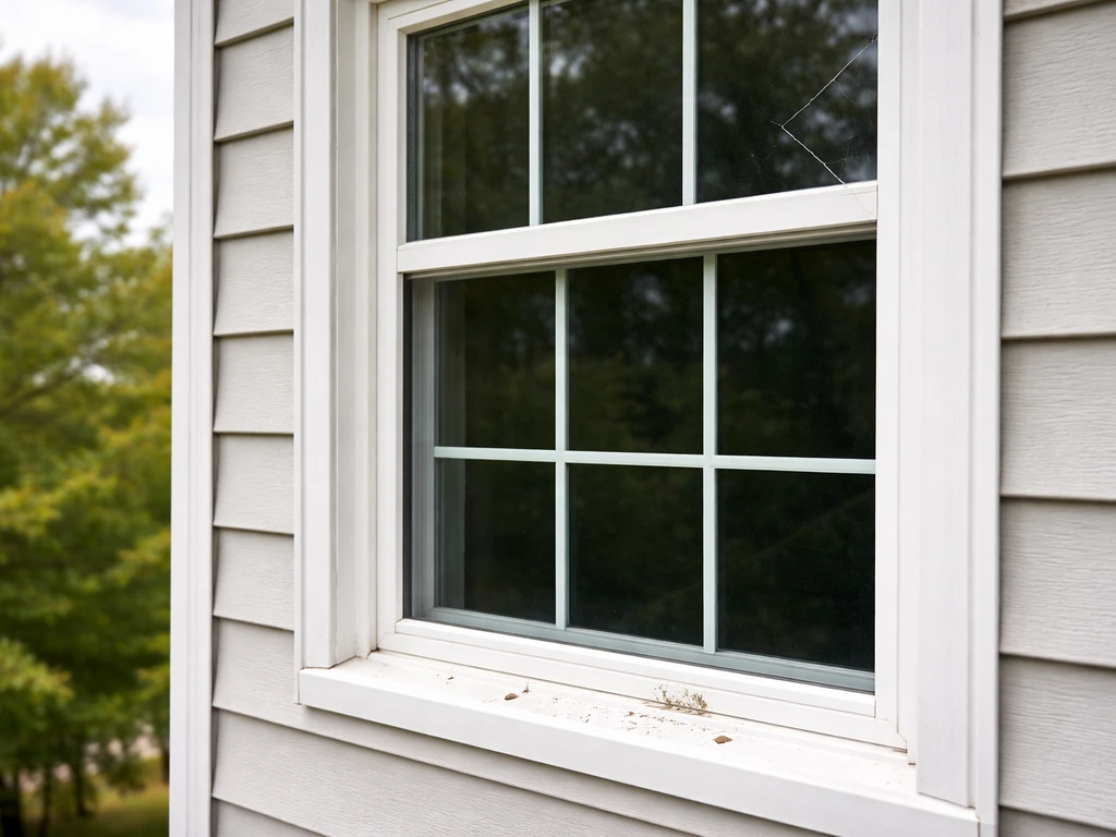Home window with cracked glass and small bird droppings on the ledge in daylight.