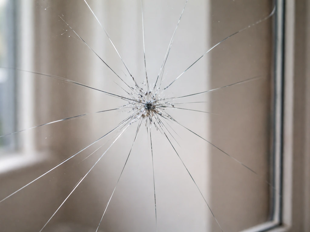Close-up of a cracked window pane with spiderweb fractures from a sudden bird impact