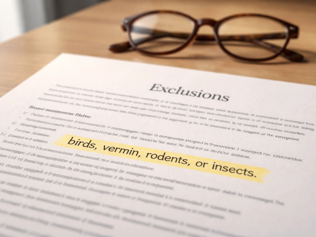 Minimal photo of a homeowners insurance policy page with a highlighted exclusions section about birds and rodents