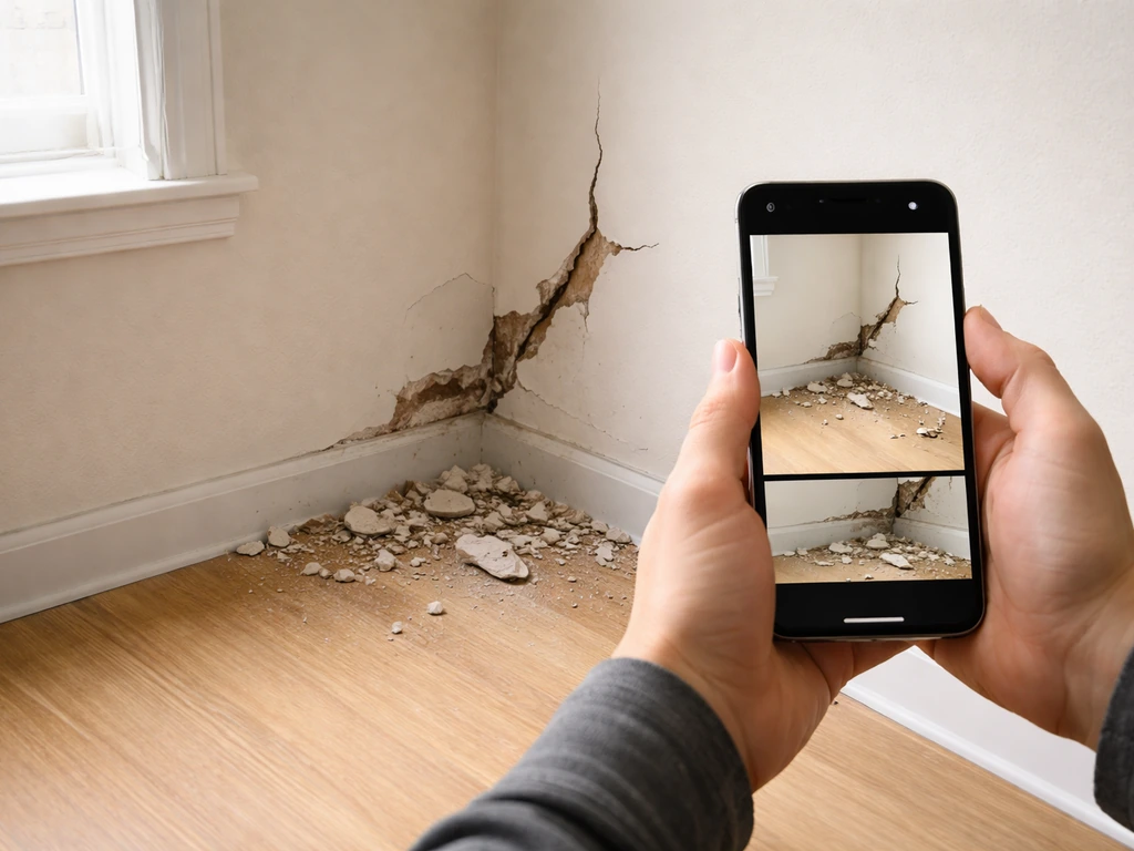 Phone-camera wide view of a damaged room with close-up of a fresh impact crack and debris