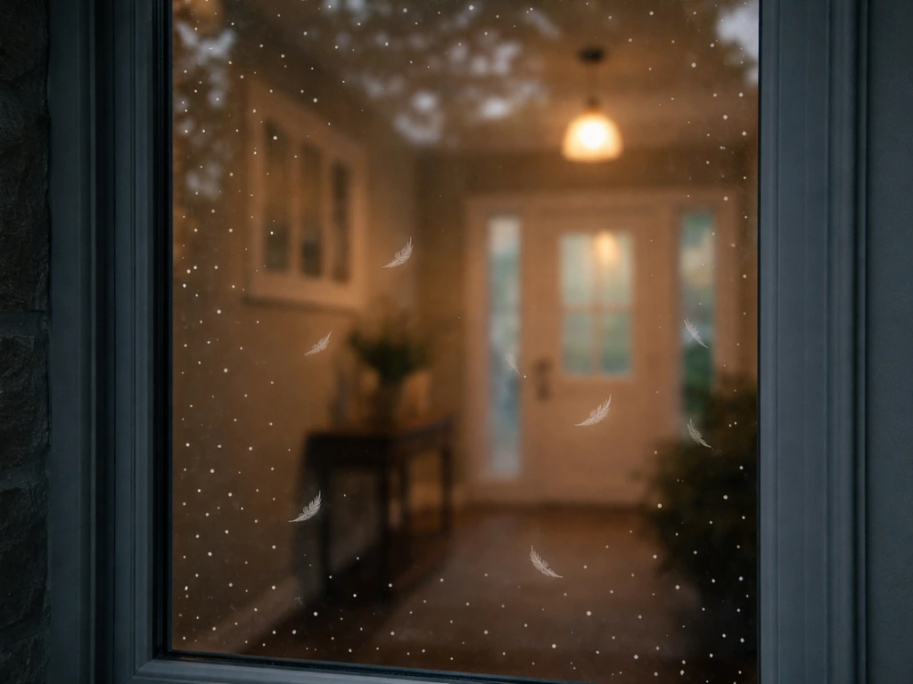 Residential entry window with bird-safe decals clearly visible on the glass to prevent collisions.