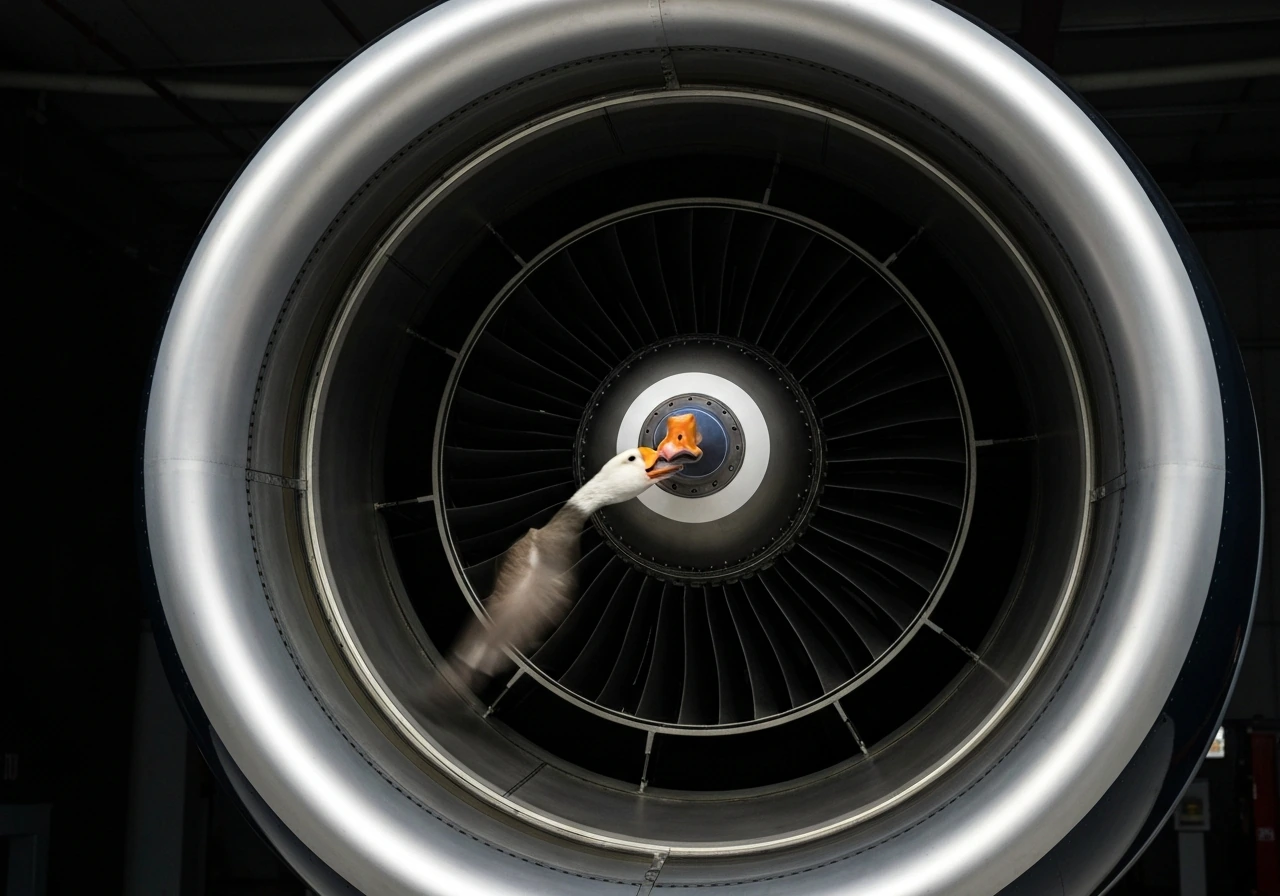 Cross-section view of a jet engine with a large goose being ingested near the intake area, showing impact damage.