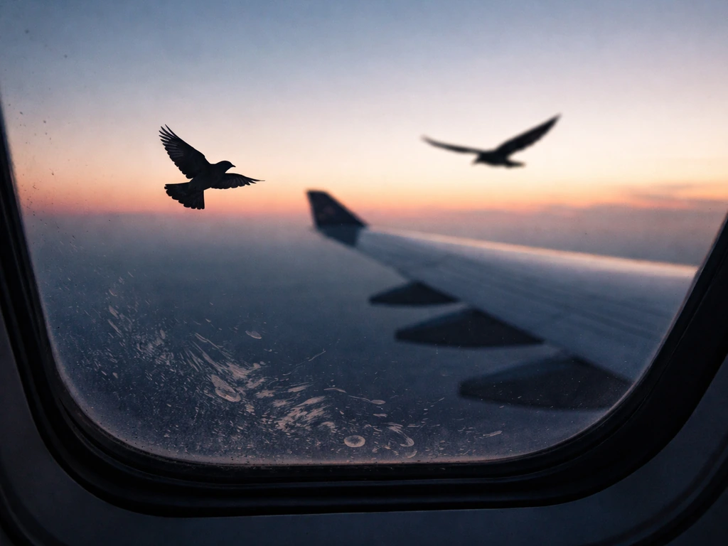 Aircraft cockpit view with small and large bird silhouettes near the window and wing, suggesting strike risk.