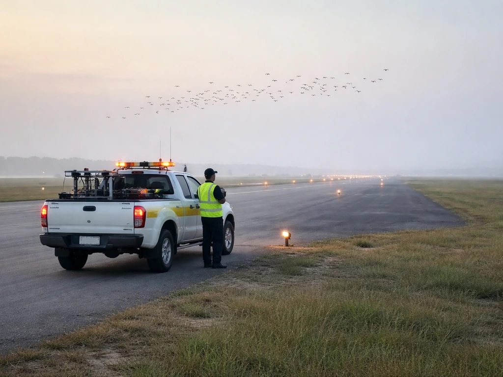 Wildlife management crew vehicle near runway with birds safely dispersed by airfield lighting