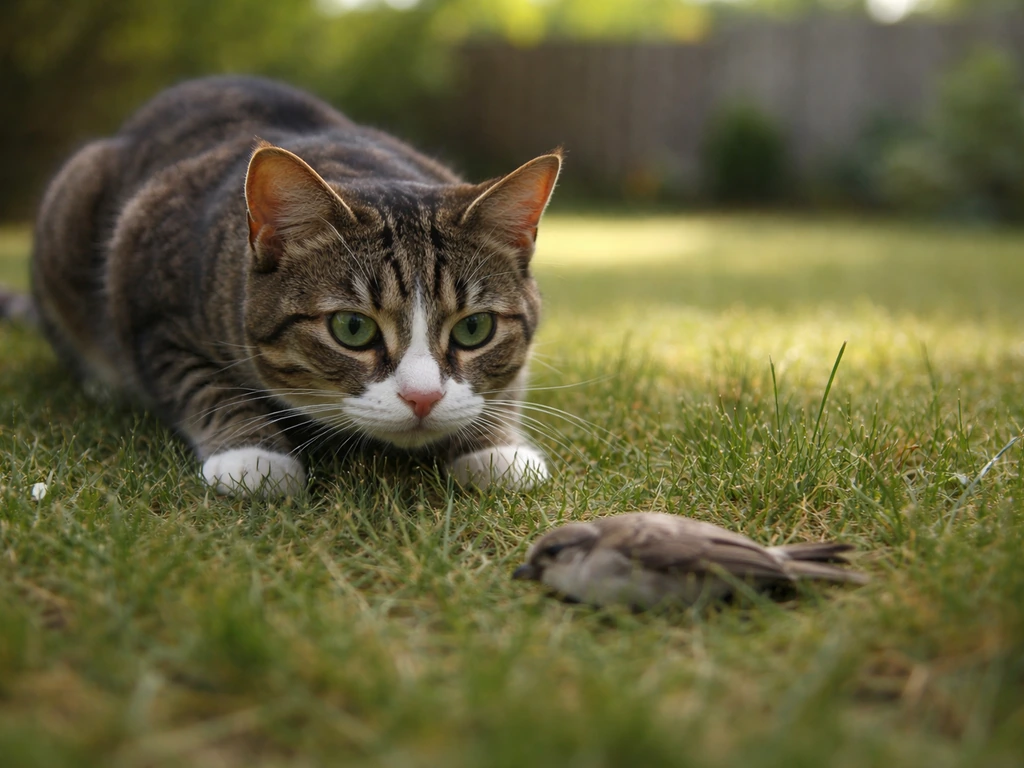 A domestic cat stands over a motionless fallen bird on a quiet lawn, looking tense and alert