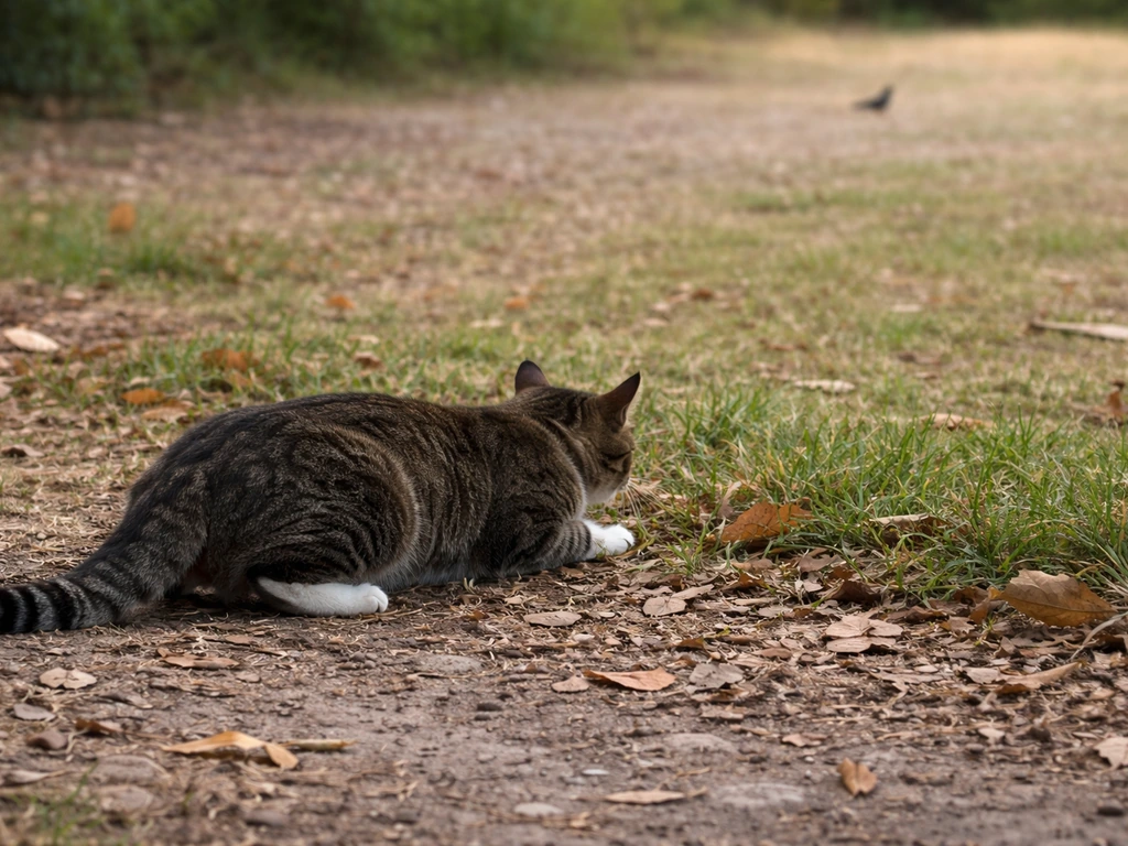 A domestic cat crouches in tall grass in an instinctive hunting pose; a distant bird silhouette in background.