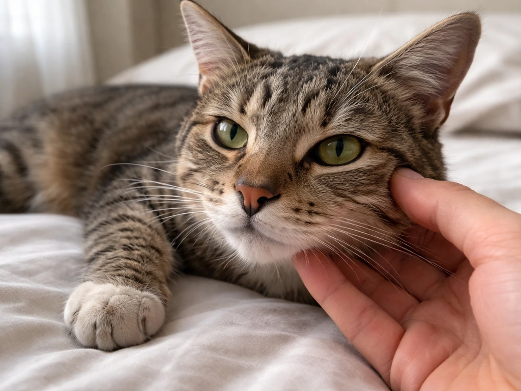 Calm cat on a bed with mild face and paw scratch marks, eyes clearly visible for inspection after a scare