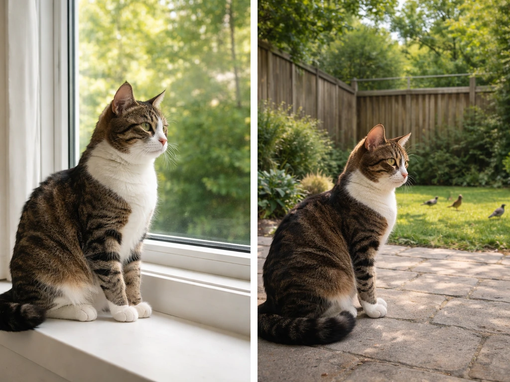 Split scene: indoor cat by window safely watching, and outdoor cat on patio near birds