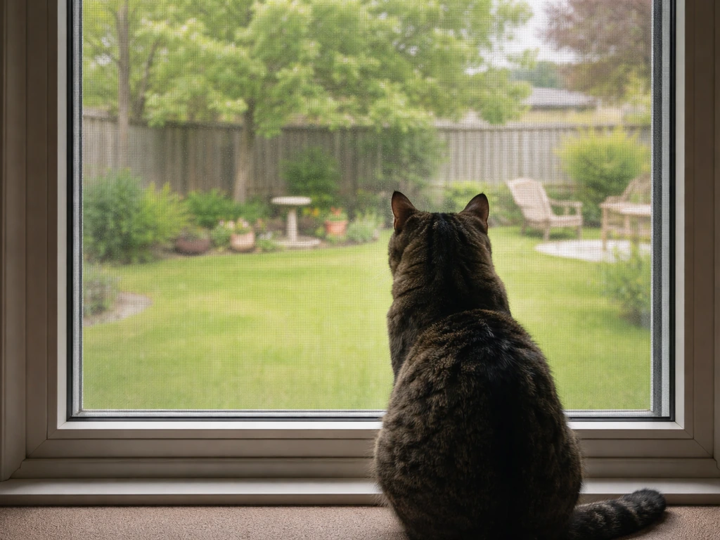 Indoor cat looks out at a window fitted with bird-safe film/screen to reduce reflections.