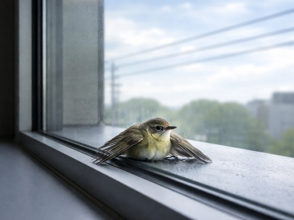 Small bird near a reflective window with visible power lines outside, suggesting an instant lethal hazard