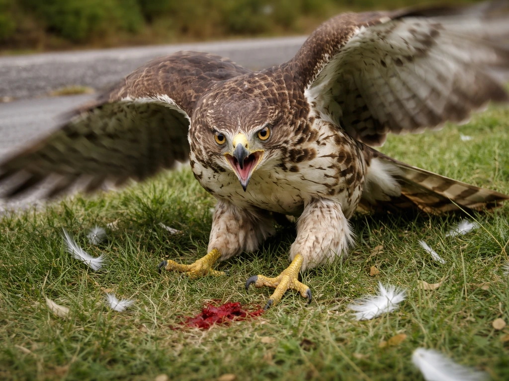 Wild raptor on grass after a sudden high-impact strike, feathers and small blood near its talons.