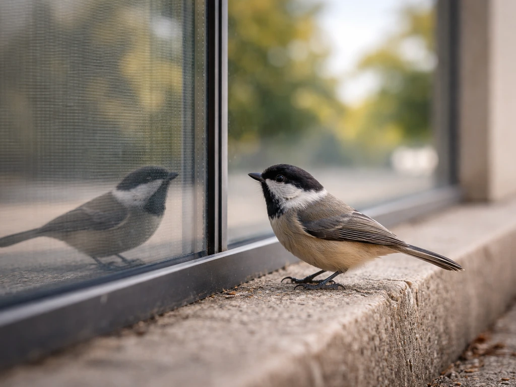 Small bird near a reflective window with protective screen film visible nearby to prevent collisions.