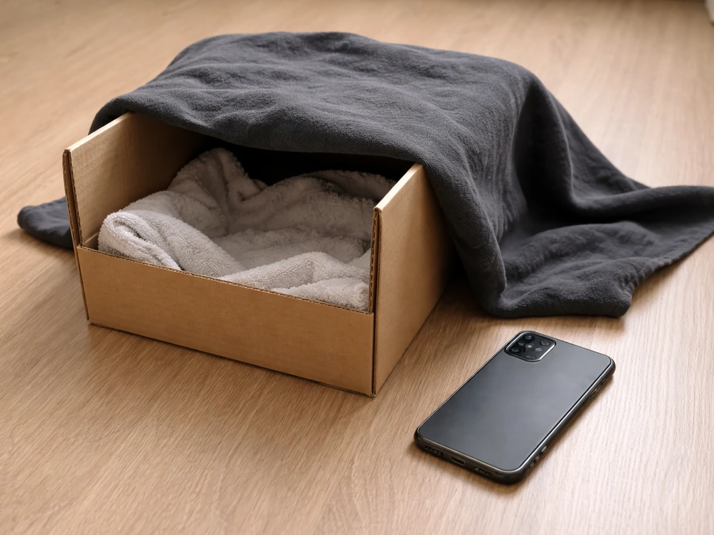 Injured bird rescue setup: towel-lined box covered with fabric beside a phone, ready for safe transport.