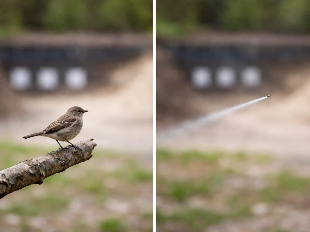 Split scene of a perched bird near a blurred shooting range backdrop with a fading projectile trace.