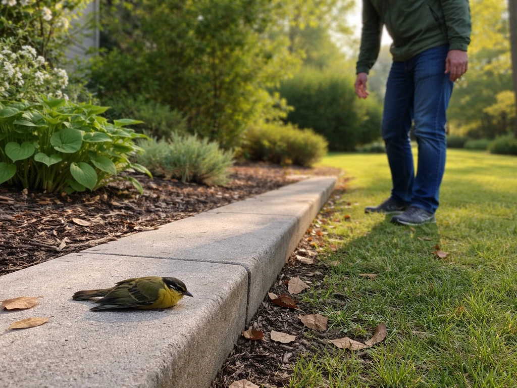 Person keeps distance beside a small injured bird on a residential sidewalk, looking toward a potential nearby source.