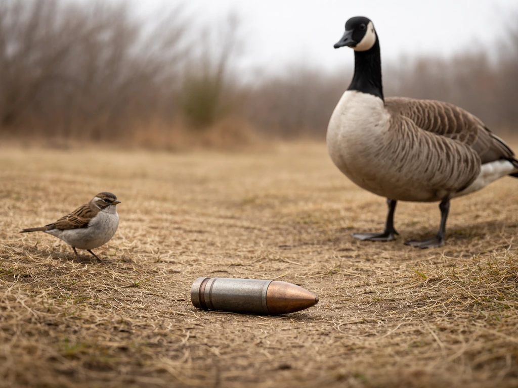 Small sparrow-sized bird and large waterfowl-sized bird beside a projectile, highlighting size and mass differences.
