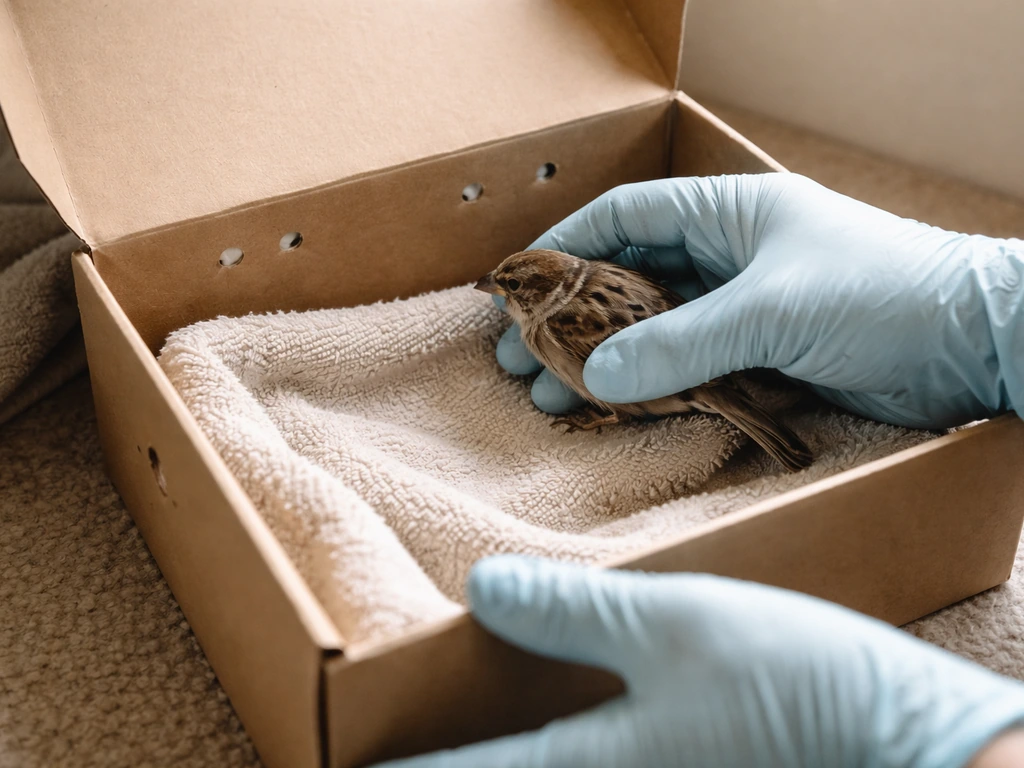 A gloved rescuer prepares an injured small bird in a padded shoebox with small air holes.