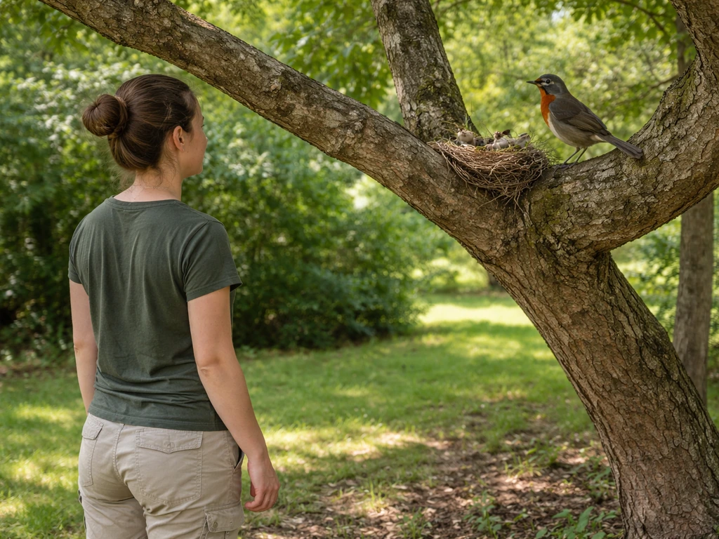 Person stands at a safe distance from a branch nest while a mother bird watches nearby.