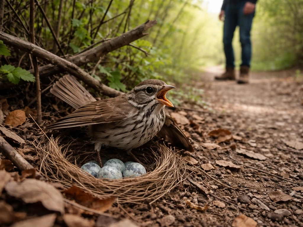 Ground nest with a mother bird in alarm posture as a person stands at a safe distance.