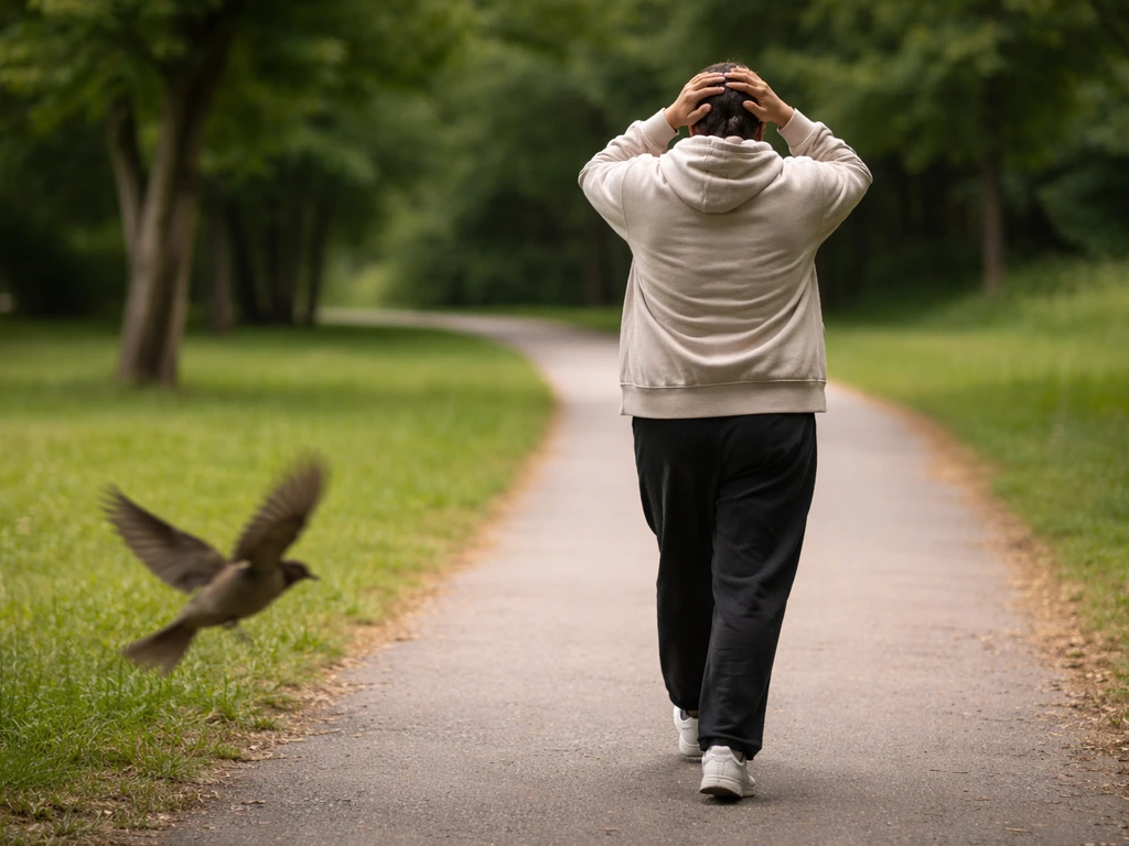 Adult calmly walking away on a park path with hands protecting head as a bird swoops nearby.