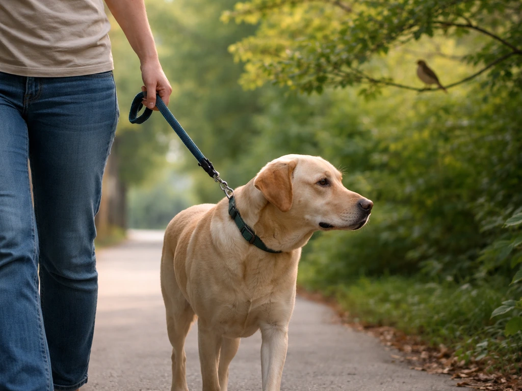 Leashed dog held close while walking near a nesting area, with a mother bird perched in the background