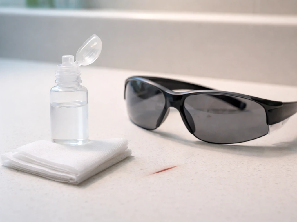 Close-up of sterile eye wash, gauze, and sunglasses beside a small scratch mark on a clean countertop