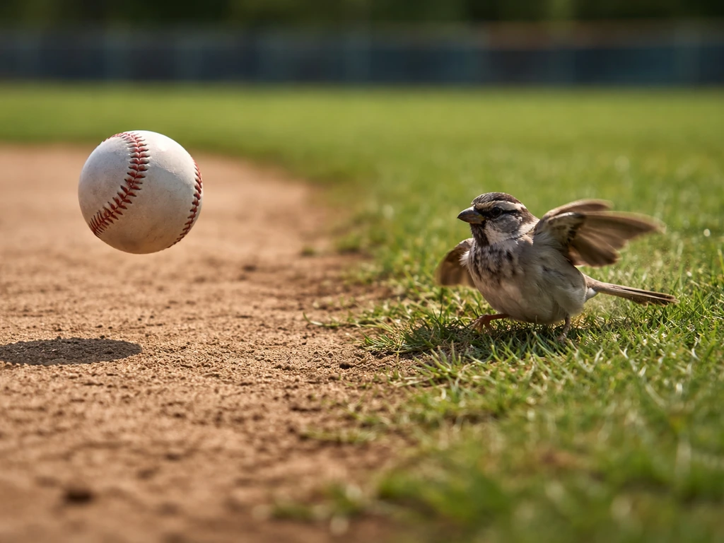 Baseball mid-flight inches from a small bird on a baseball field, field-level action showing collision risk.