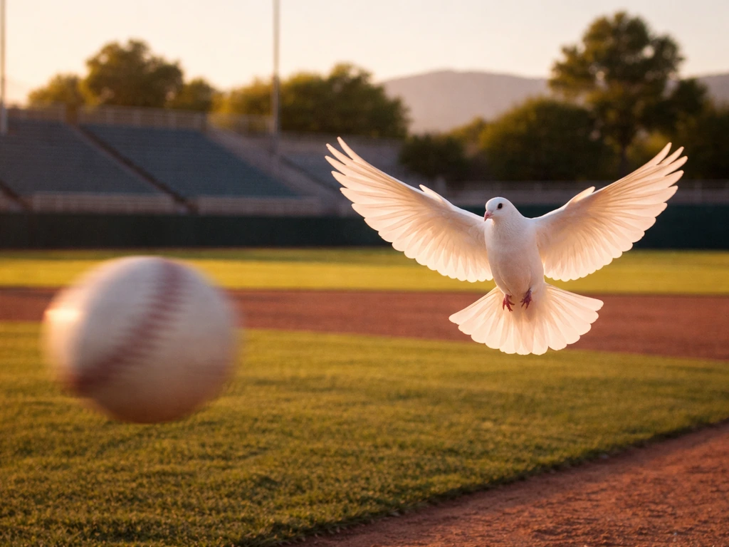 A baseball stadium with an in-flight white dove near a fastball, capturing a bird-impact moment