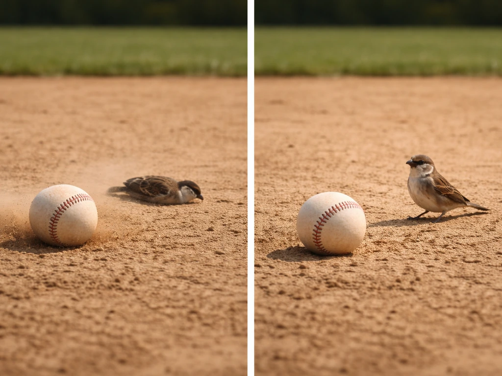 A baseball on the dirt near a small bird, with the bird appearing unharmed from a near-miss
