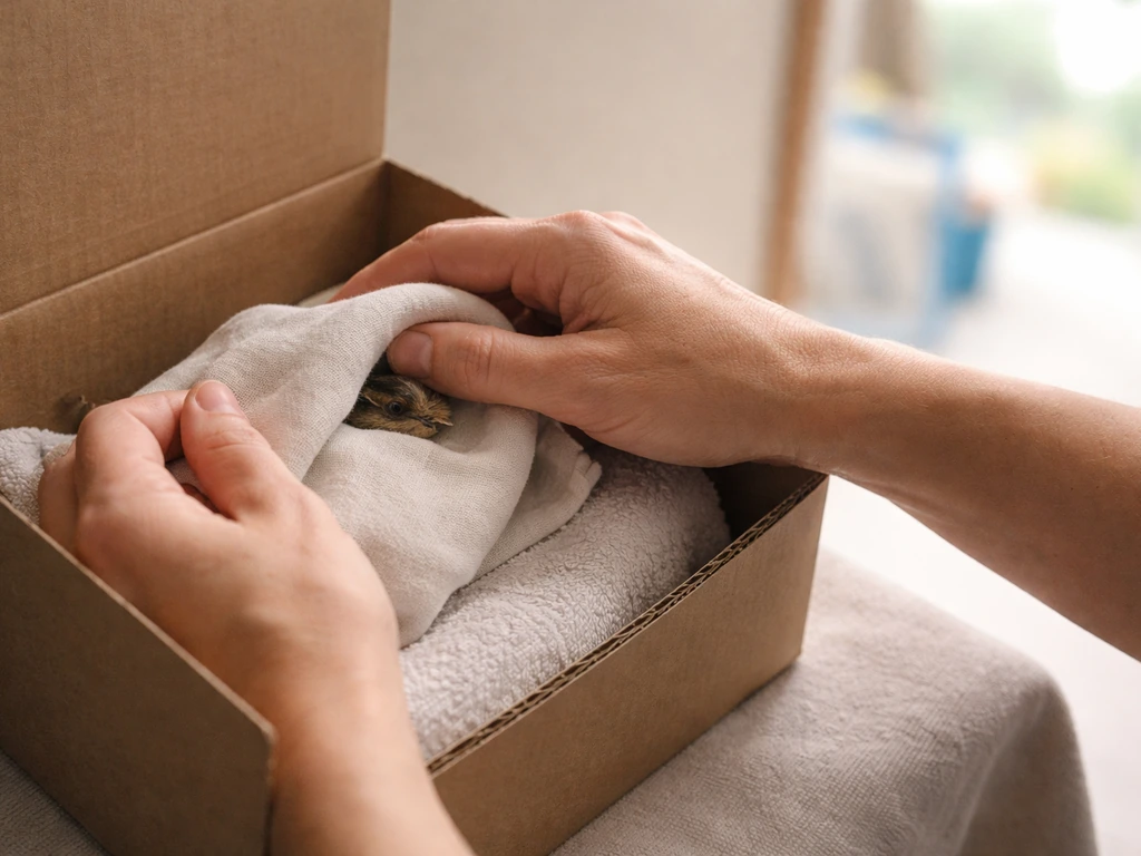Caregiver gently covers a small bird with a light cloth and places it into a quiet, warm box.