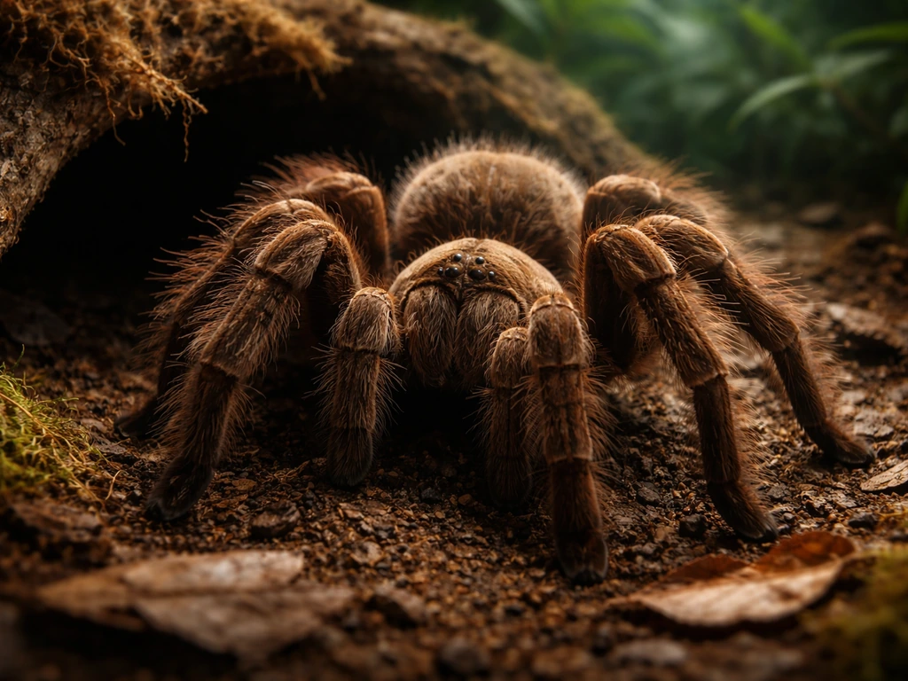 Goliath birdeater tarantula in a jungle-themed terrarium under dramatic green rainforest lighting.