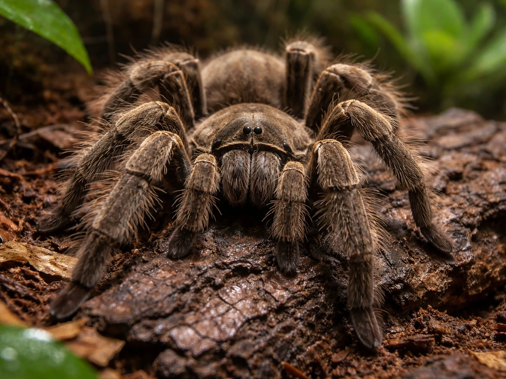 Close-up of a goliath birdeater tarantula on bark and leaf litter in a simple rainforest terrarium.