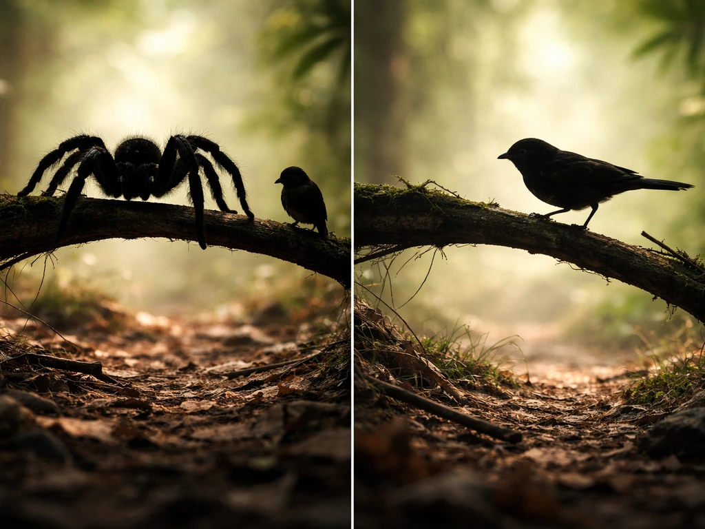 Side-by-side silhouettes showing when a large spider can overpower a small, less mobile bird.