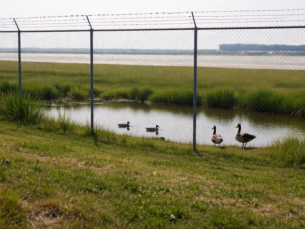 Waterfowl stand near a shallow drainage pond by an airport fence with short grass in the foreground.